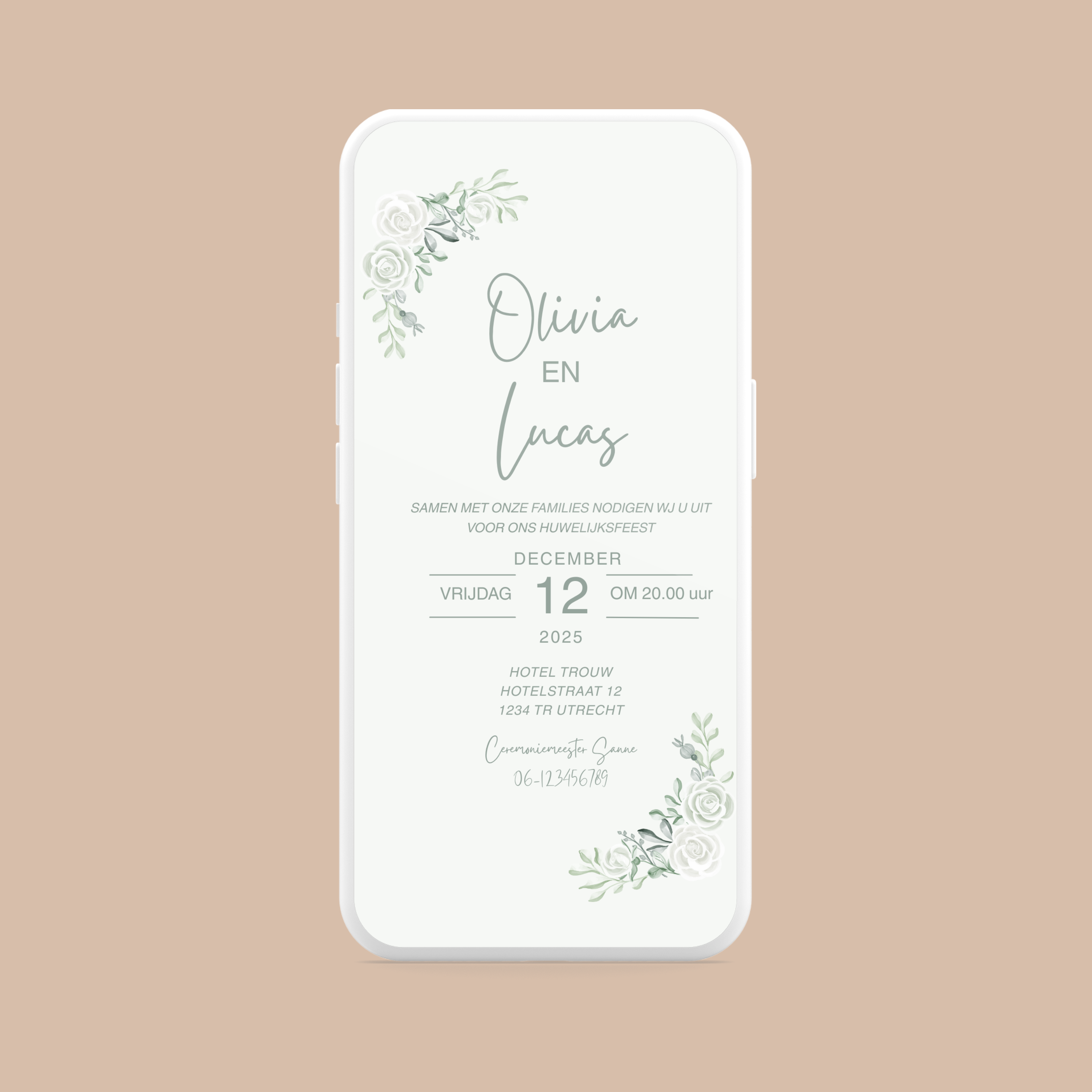 Digitale Trouwkaart Olijfgroen & Witte Bloemen