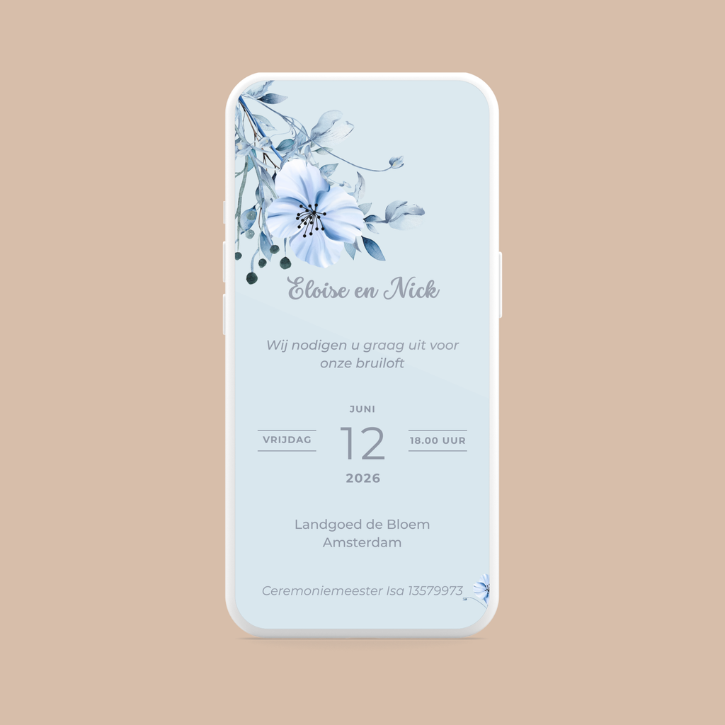 Digitale Trouwkaart Blauwe Bloemen